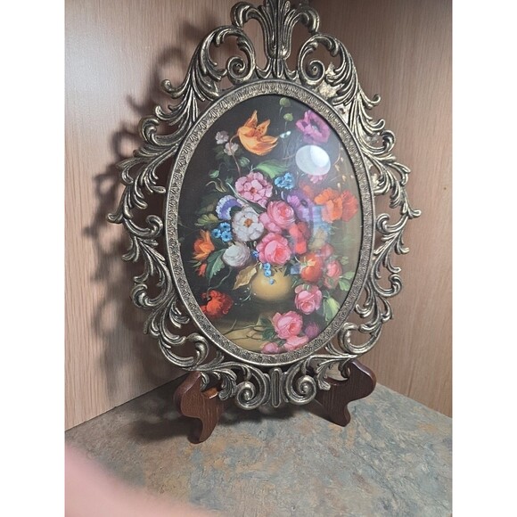 Antique Vintage Wrought Iron Victorian oval Picture Frame bubble glass floral - Picture 4 of 11